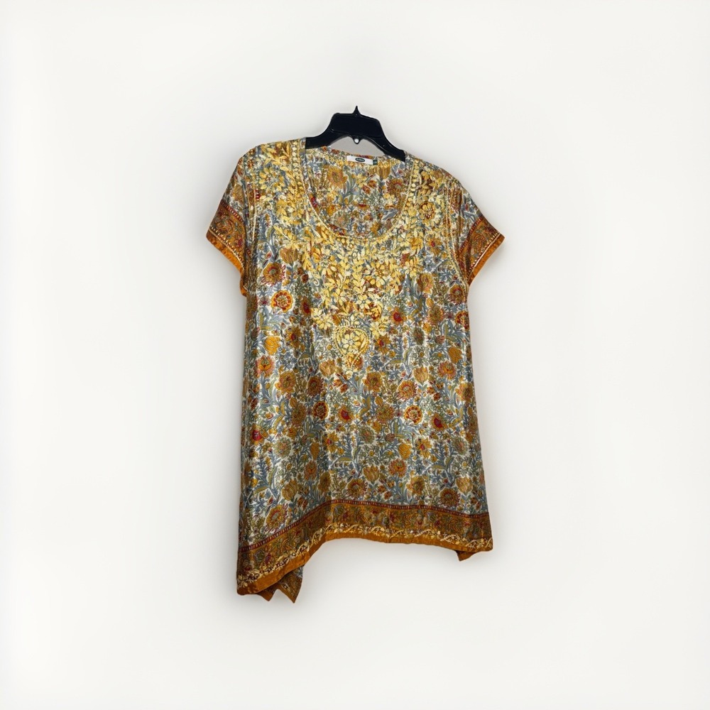Dolma Silk Blend Hand‎ Embroidered Tunic Floral S/M Boho Luxe Casual